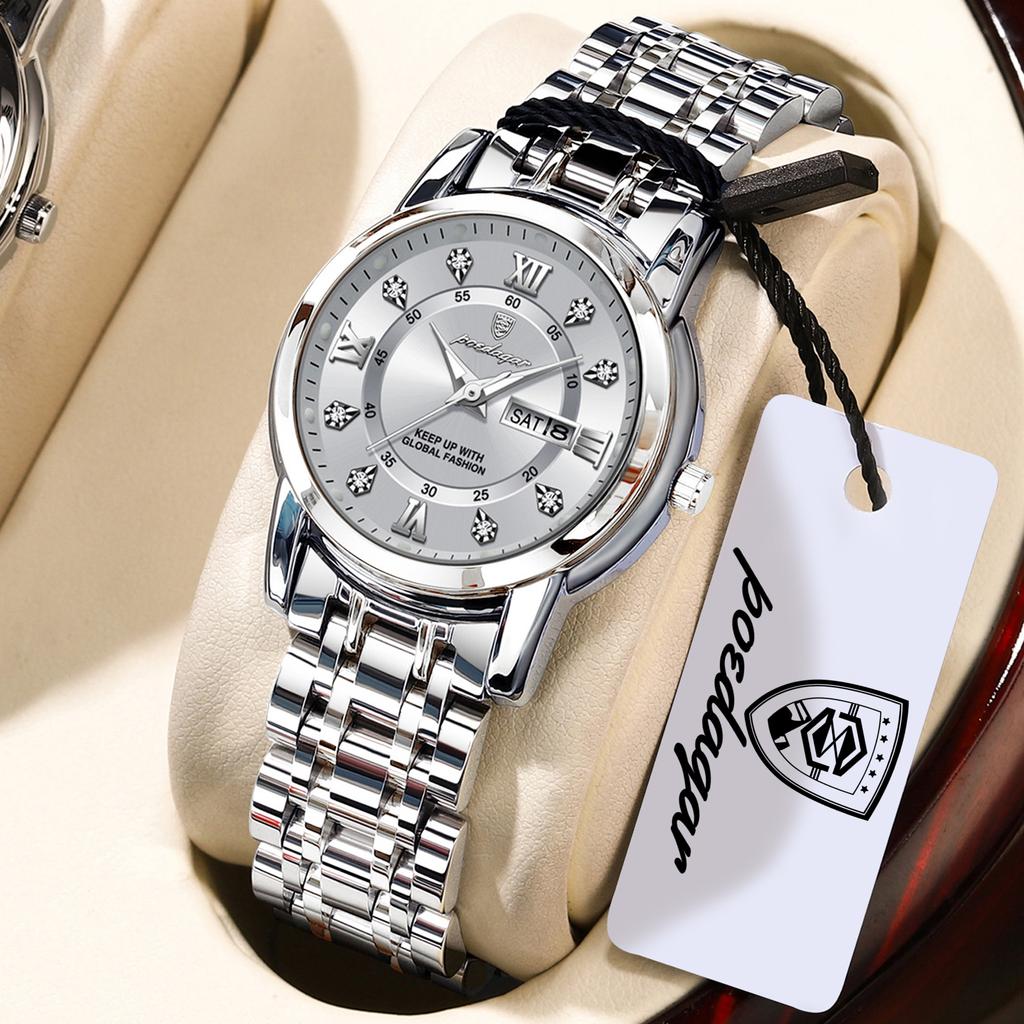 POEDAGAR Casual Women Wristwatch Waterproof Luminous Date Week Quartz Watches Stainless Steel Elegant Dress Ladies Watch