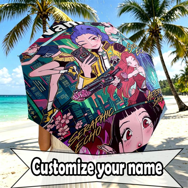 Custom Name Personalized Kpop Demon Hunter Print Umbrella, Auto Open Close, 8‑Rib Sturdy Frame, Commute Camping Hiking Use, Birthday Gift