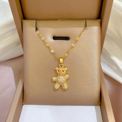 Light Luxury Full Diamond Bear Micro-Inlaid Real Gold Necklace Women'S Transfer Collarbone Chain With Jewelry