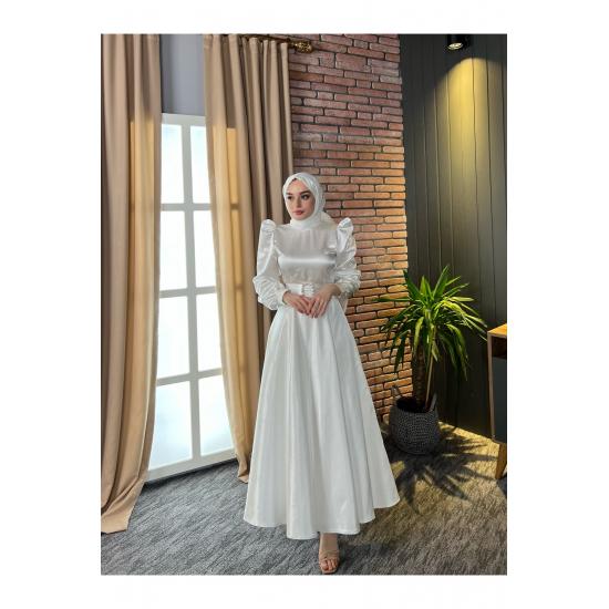 Women's Satin Hijab Evening Dress with Stone Buckle Waist and Flared Skirt