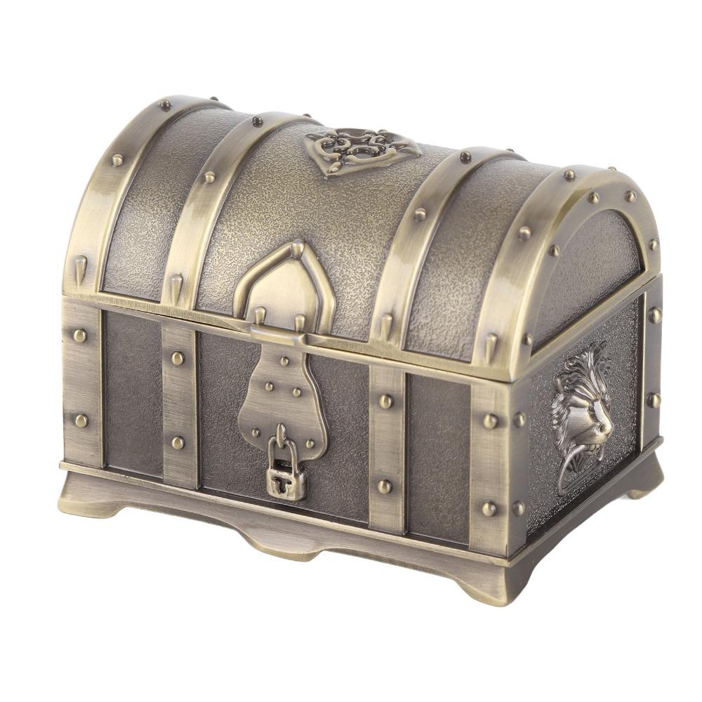 Zinc Alloy Jewelry Storage Case Engraved Pattern Metal Treasure Chest Dresser Tabletop