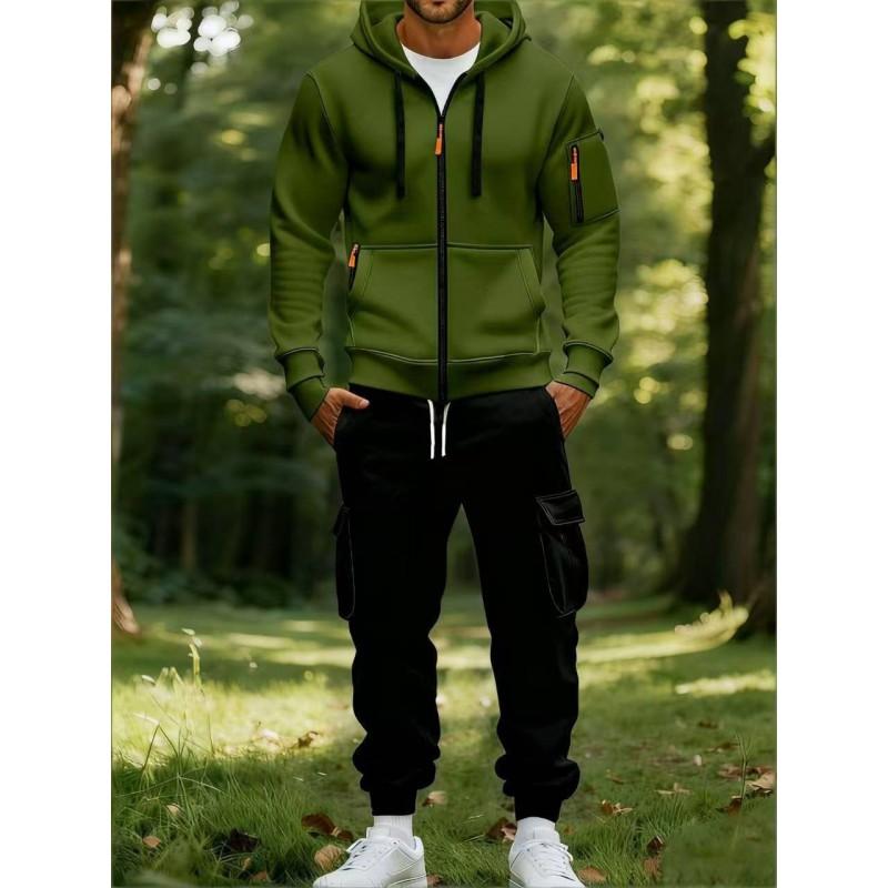 Mens Hoodie Sweatshirt Set Fleece Cargo Pants 2 Piece Casual Sportswear