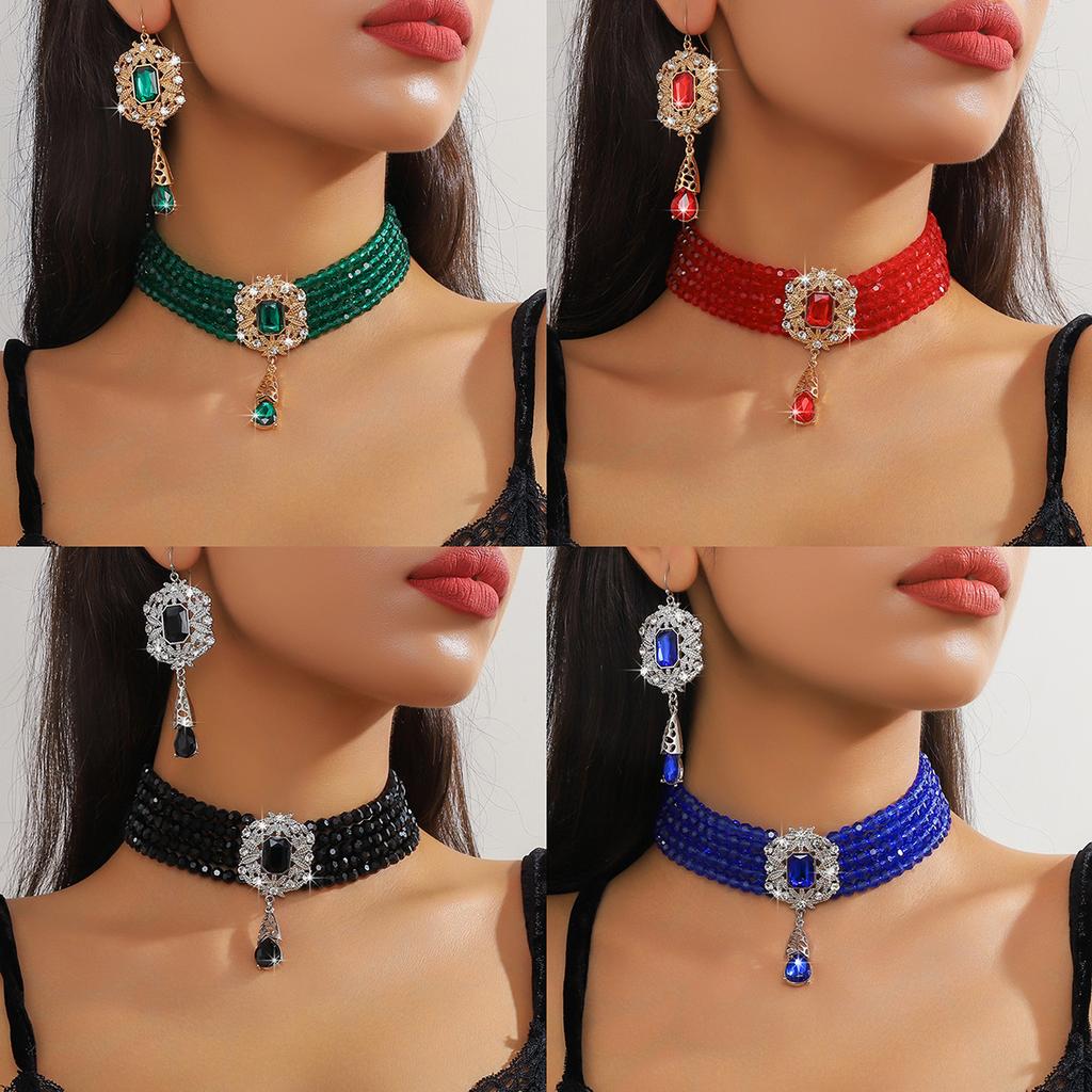 European and American Luxury Multi-layer Crystal Water Drop Pendant Bundle Neck Chain Jewelry Earrings Exaggerated Color Crystal Necklace Women