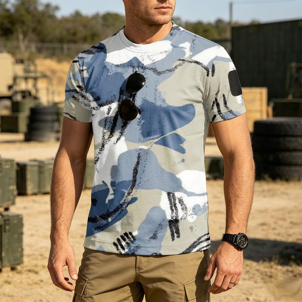 Men's Tactical Outdoor Quick Dry T Shirt Loose Fit Breathable Crew Neck Camouflage Print with Hook and Loop Patch Area for Sleeve