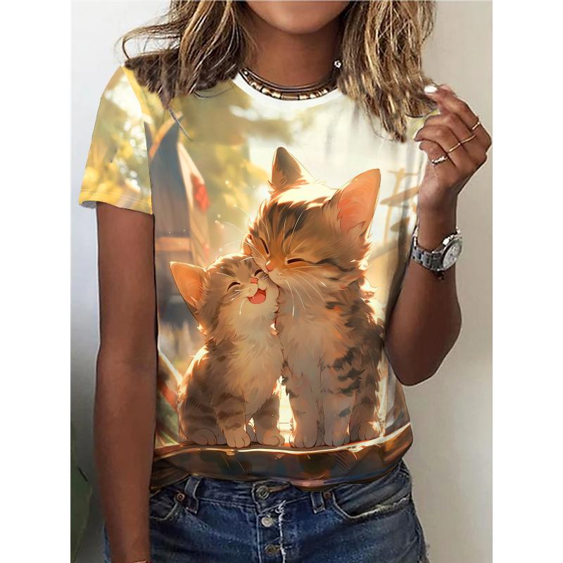 

Теплая футболка с круглым вырезом и принтом кошек, повседневный топ с коротким рукавом для весны и лета, женская одежда S