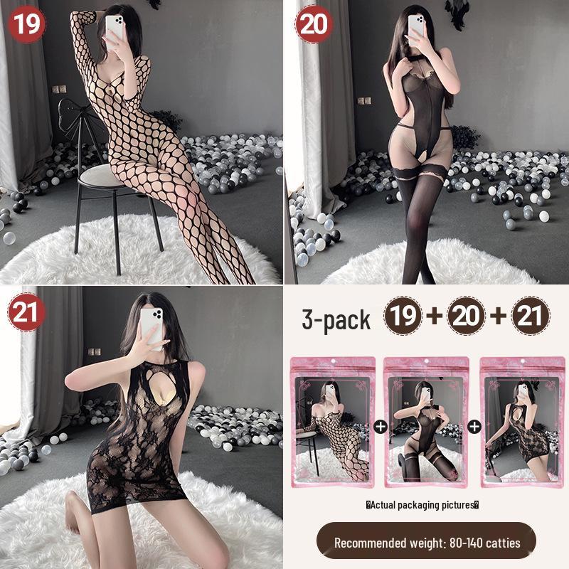Linlinting Plus Size Sexy See-through Cutout Bodysuit with Open Crotch Stockings Set
