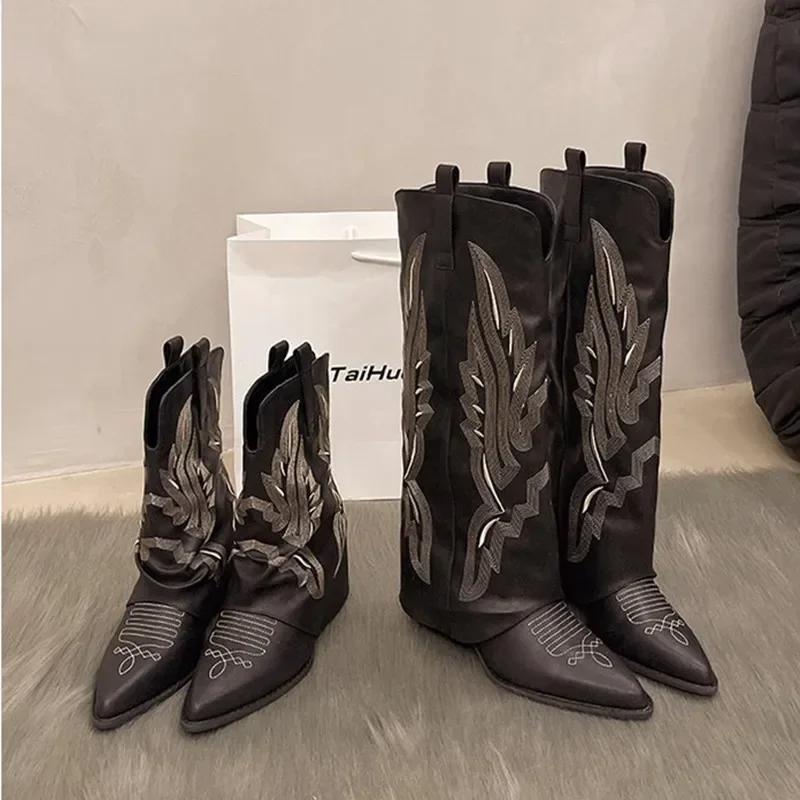 Luxury Embroidery Pointed Toe Western Cowboy Boots Women Winter V Pants Tube Long Boots for Women Chunky Heels High Knight Boots