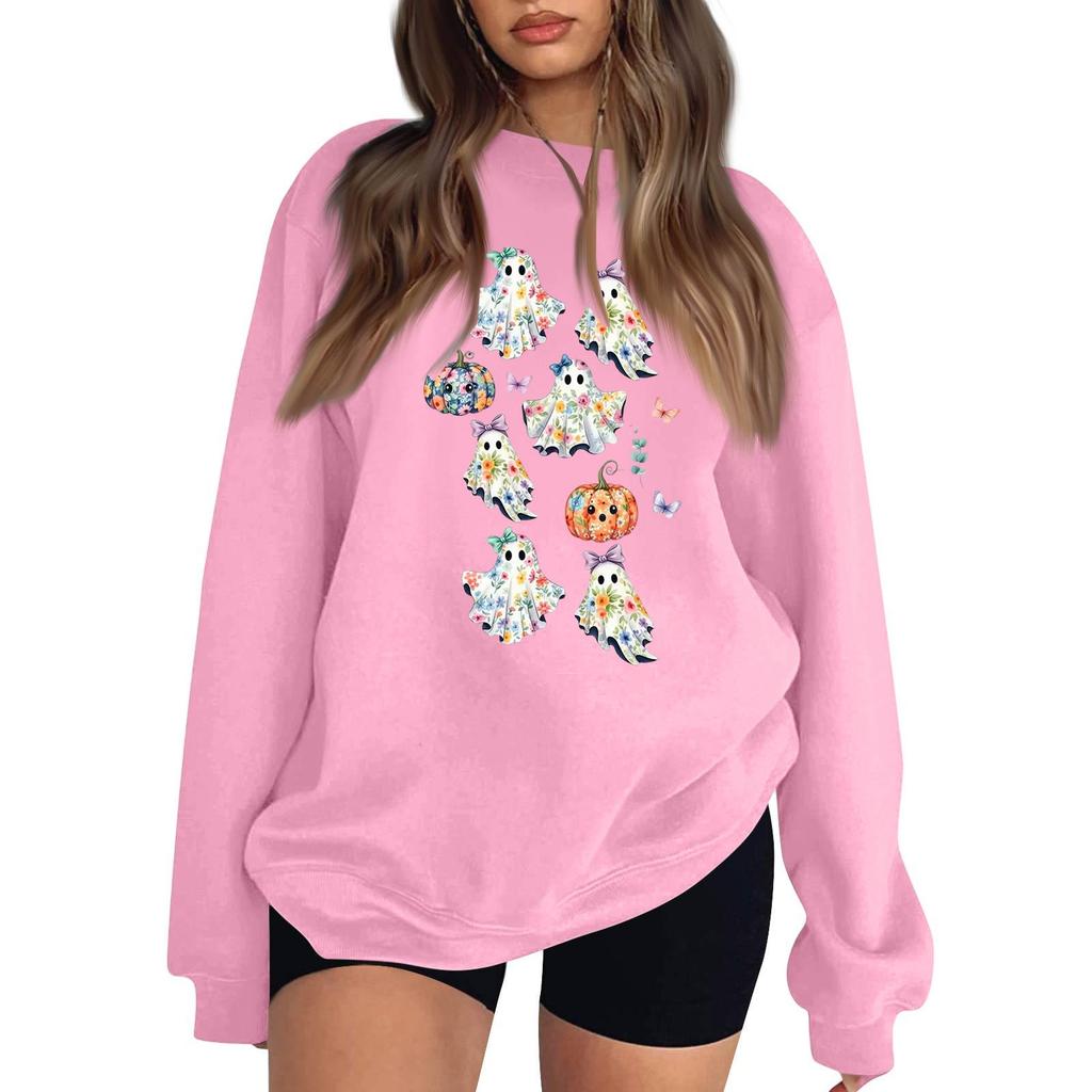 Women's Neck Long Sleeve Loose Fit Casual Sweatshirt Pullover Top with Halloween Print