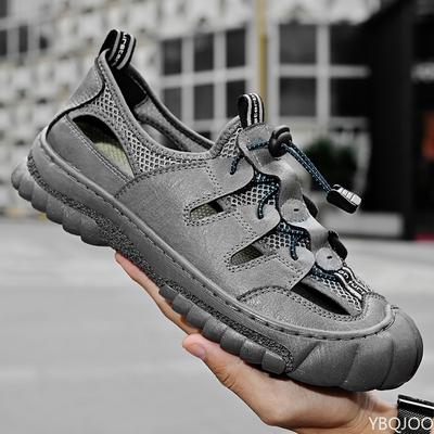 2025 Summer Men's Beach Shoes Leather Soft Soled Breathable Sandals Non Slip Odor Proof Casual Shoes Male Baotou Sandals