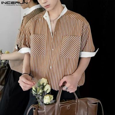 Camicie Casual da Uomo Senza Collo a Maniche Corte a Righe Cucite Top