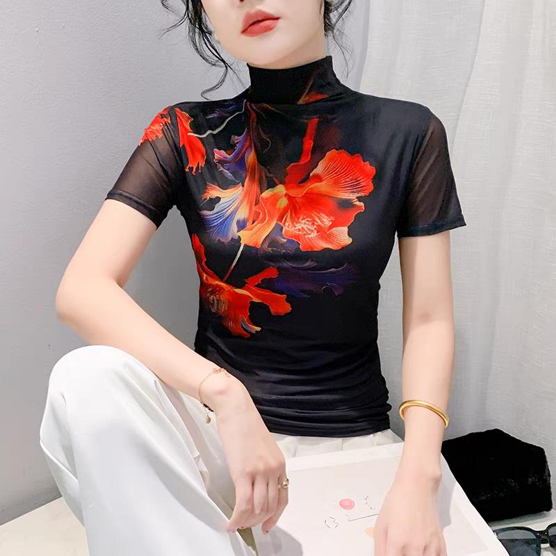 

Элегантные женские сетчатые футболки с высоким воротом, летние новые, с цветочным принтом, с коротким рукавом, пуловер, облегающие топы, футболки, модные облегающие футболки для девушек XXL чёрный