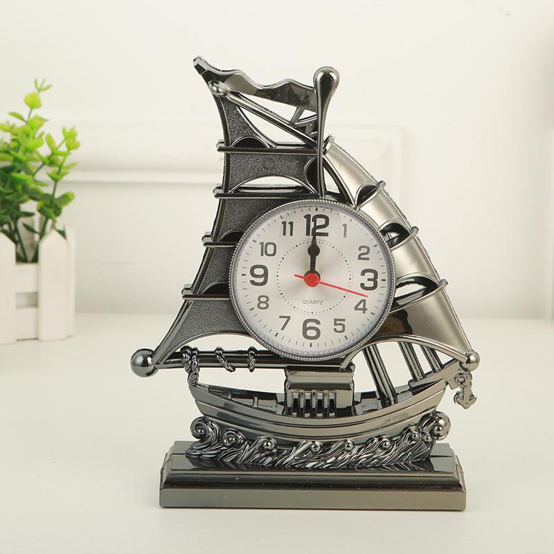Table Alarm Clock Ornament Sailing Statue Sailboat Shape Bedside Clocks for Office Bedroom Living Room