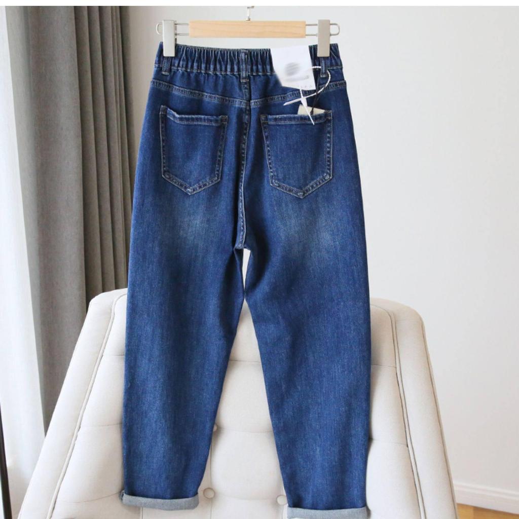 Women's High-Waist Stretch Jeans, 2024: Loose Fit, Straight Slim, Large-Size, Elastic Waist, Nine-Point Length, Harem Style.