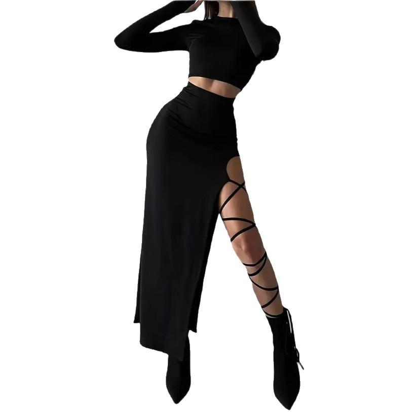 Women's Autumn Solid Color Long Sleeve Top & Slim Fit Slit Lace-up Skirt Set