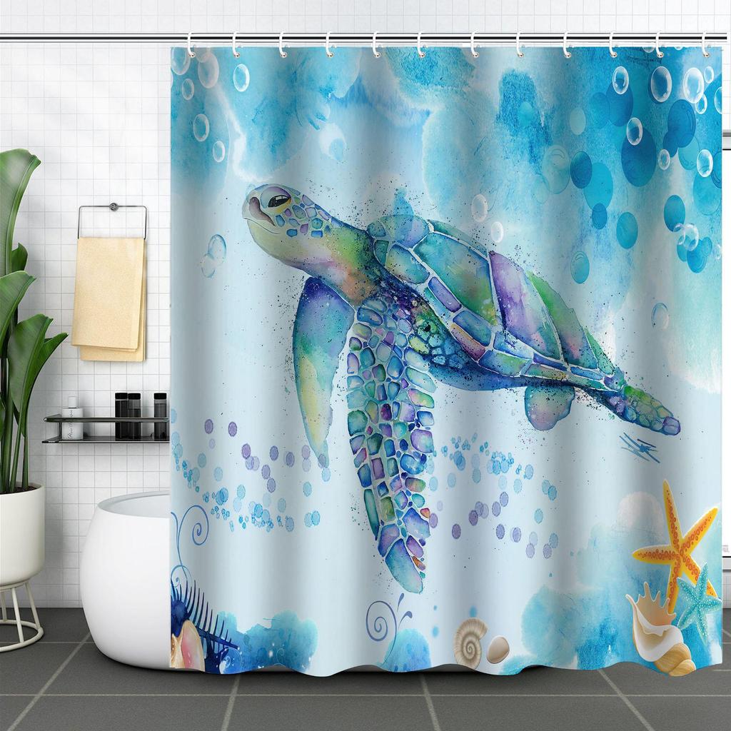 Coastal Marine Shower Curtain: Dolphin, Starfish, Seahorse, Seashell, Sea Turtle - Moisture-Proof, Mildew-Resistant, Waterproof, Beach Bathroom Décor