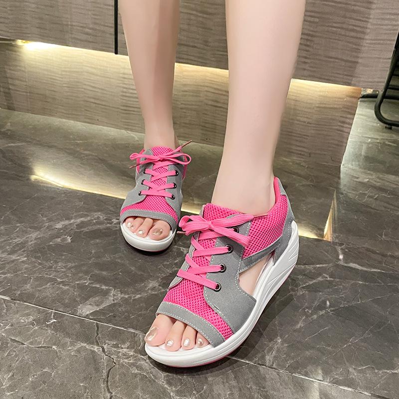 Muffin fish mouth sandals women's summer hollow breathable lace-up sports and leisure shoes platform rocking shoes