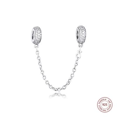 100% 925 Sterling Silver Clear CZ Pave Inspiration Safety Chain Charms Fits Europe Bracelet Beads for Jewelry Making
