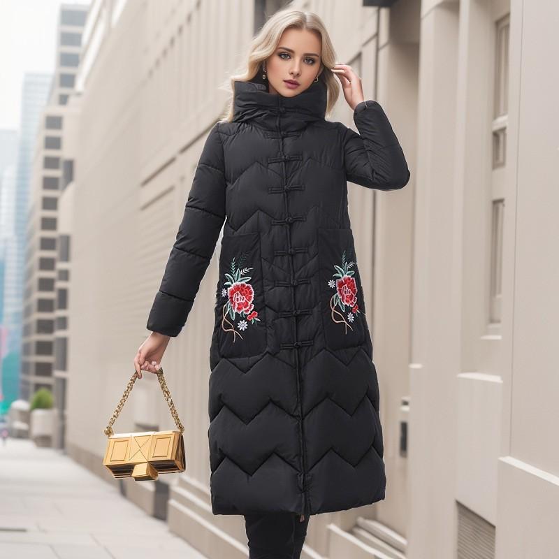 Womens Long Warm Cotton Coat With Embroidery Toggle Loose Fit Winter Outerwear In Floral