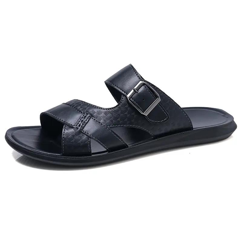 Men's Leather Slide Sandals Adjustable Buckle Casual Non-slip Summer Beach Slippers