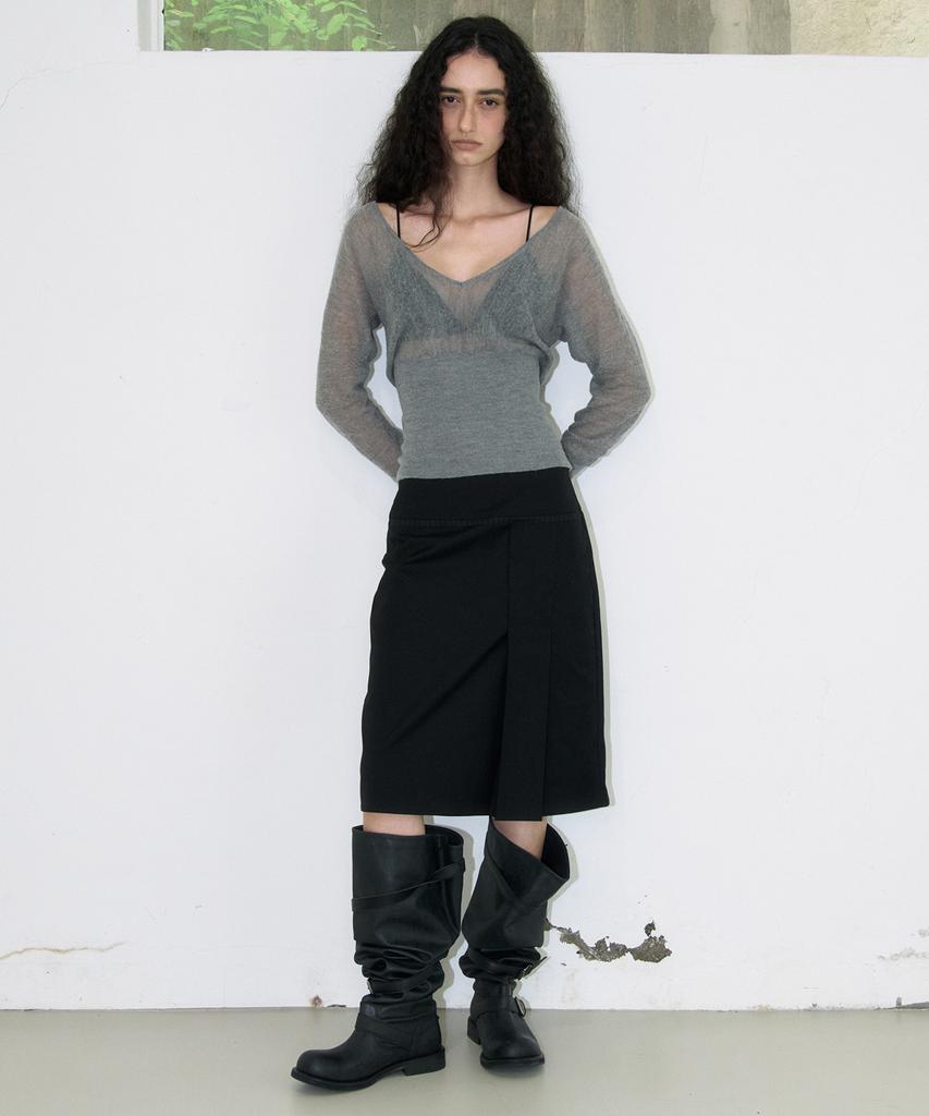 MILLO WOMEN Sheer Deep V-Neck Knit [Gray]