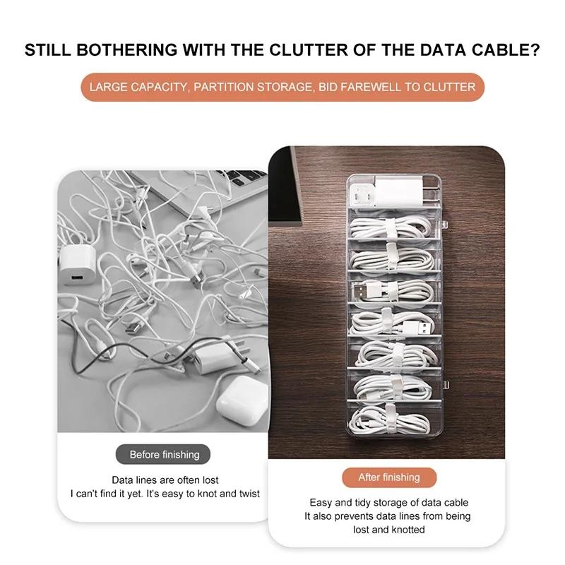 Caixa organizadora de cabos de carga transparente, caixa de gerenciamento de cabos de dados, classificador de cabos USB, organizador e armazenamento de pequenos acessórios de mesa