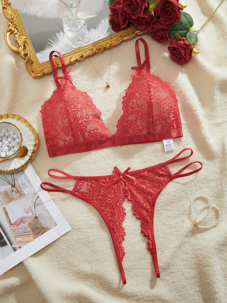 European and American explosive sexy ling sexy romantic lace bow French sex perspective underwear set