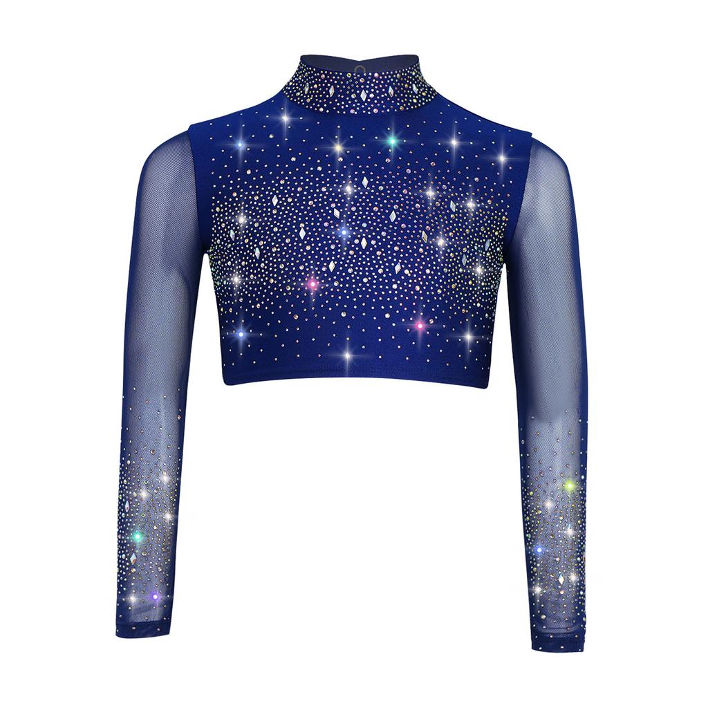 Dívčí průhledný síťovaný crop top s dlouhým rukávem a rolákem, lesklé kamínky, klíčová dírka vzadu, kostým pro lyrický tanec