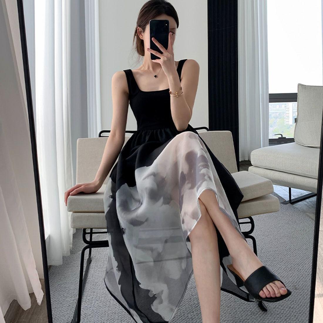 

Винтажное летнее платье с черной кружевной отделкой во французском стиле для женщин