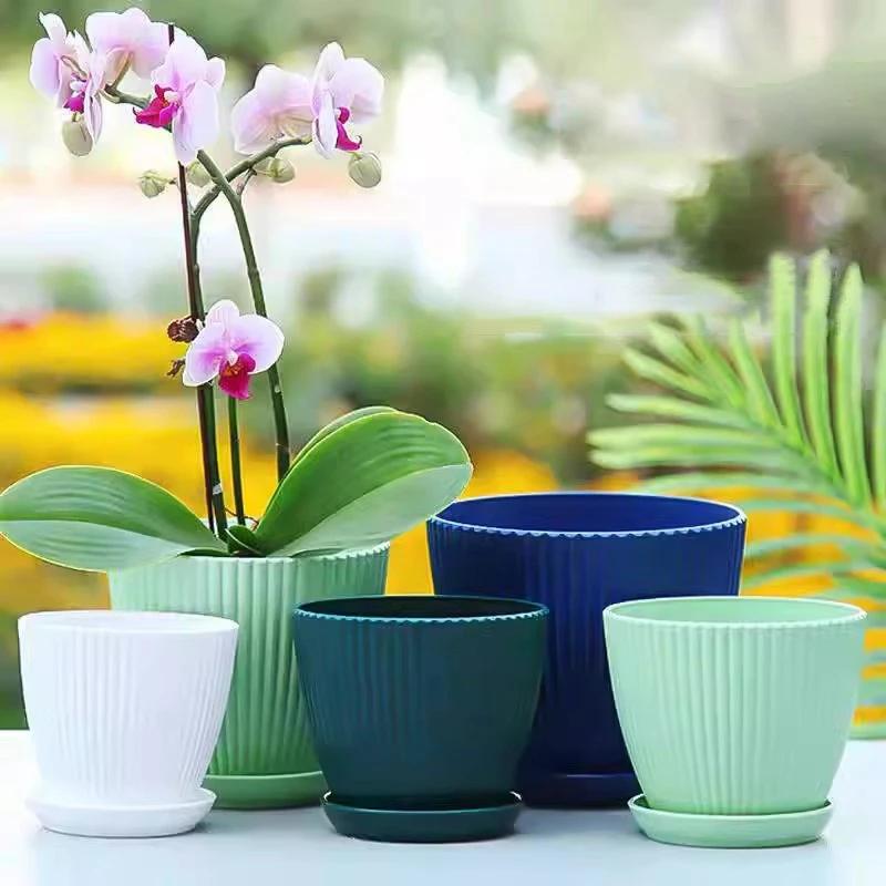 Succulent Potted Round Pot with Tray Plastic Flower Pot Vertical Striped Planters Double Layer Bonsai Home Office Desktop Decor
