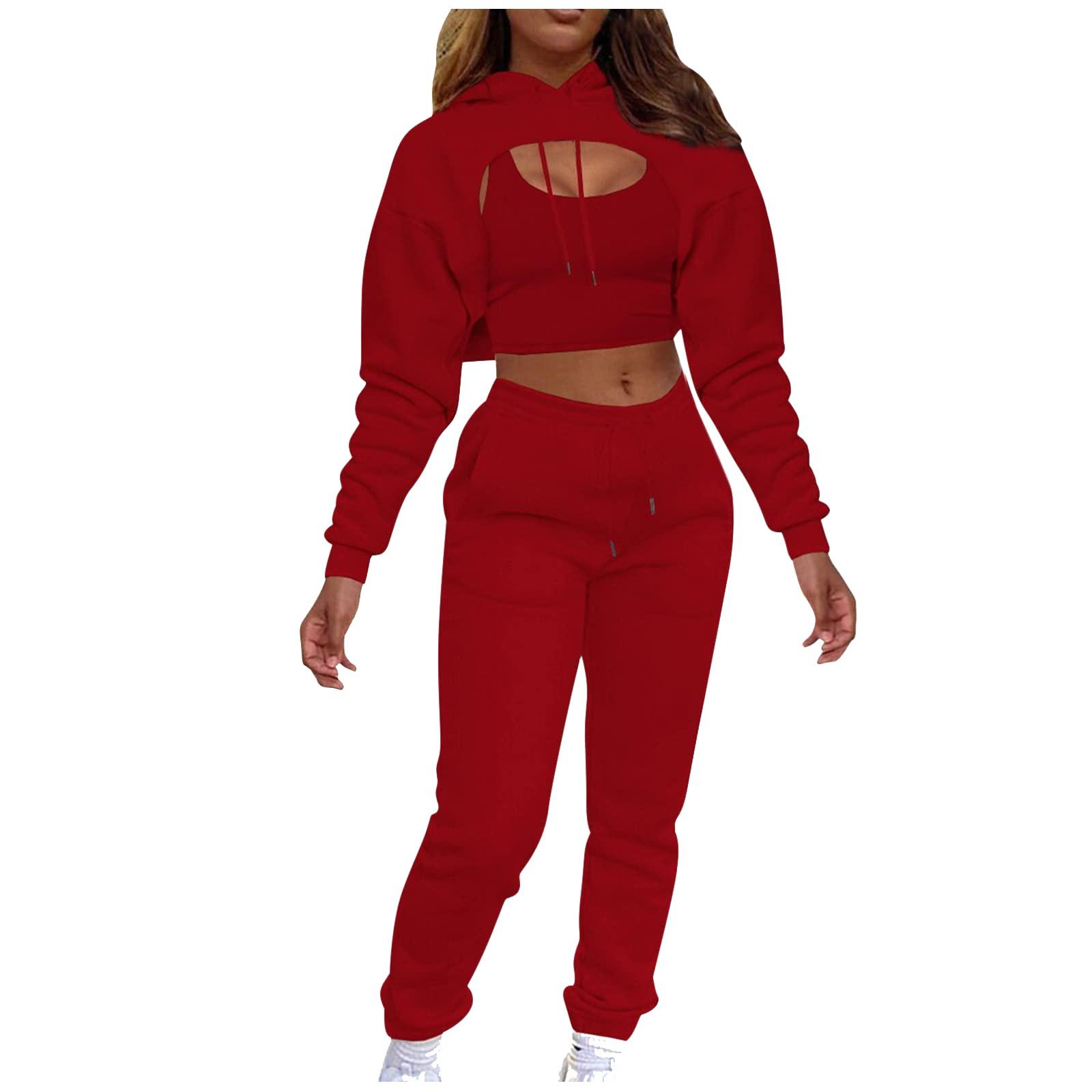 

Женская однотонная толстовка с капюшоном и шнурком с подкладкой, брюки с длинными рукавами и шнурком, жилет, комплект из трех предметов S красный