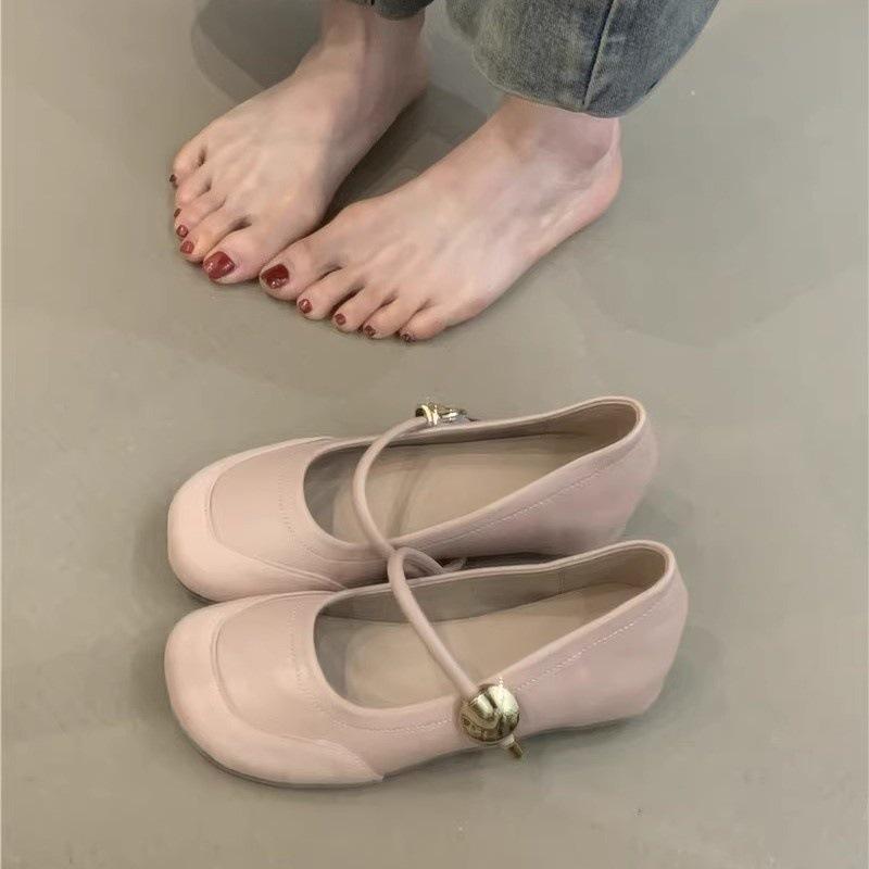 Gentle shoes one-word with splicing round head inner height increase Mary Jane ballet shoes single shoes