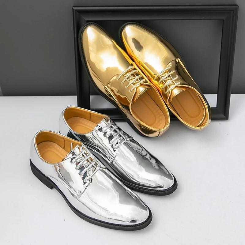 Men's Casual Leather Shoes Classic Business Dress Shoes Lace Up Oxford Shoe Fashion Banquet Party Shoes Gold Silver Wedding Shoe