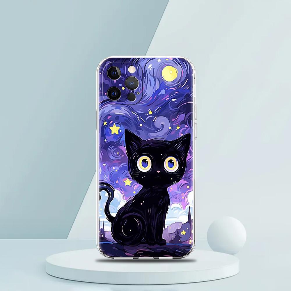 Artistic Black Cat Starry Night Luxury Phone Case For iPhone 16 15 14 13 12 11 Pro Max XS X XR SE 7 8 Plus Silicone Clear Cover