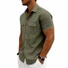 Men S American Casual Loose Short Sleeve Linen Work Shirt With Double Pockets