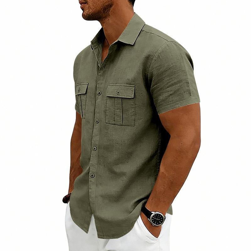 Men S American Casual Loose Short Sleeve Linen Work Shirt With Double Pockets