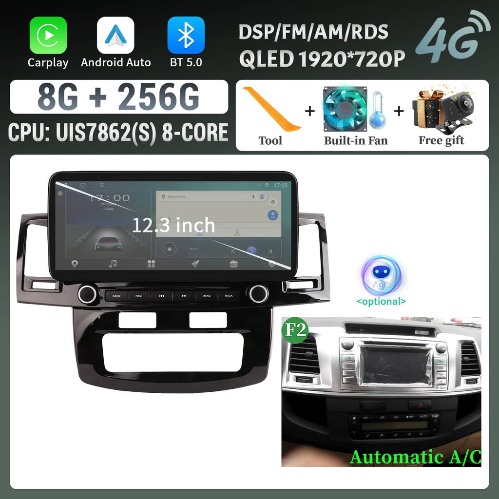 12.3″Car Radio Multimedia 4G GPS For Toyota Hilux 2005-2014 Android 14 Navigation Wireless Carplay Bluetooth Touch Screen