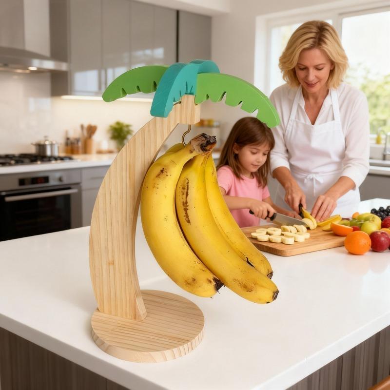 Banana Wooden Hanging Rack Kitchen Storage Organizer Decorative Fruit Display Vertical Holder Countertop Decor
