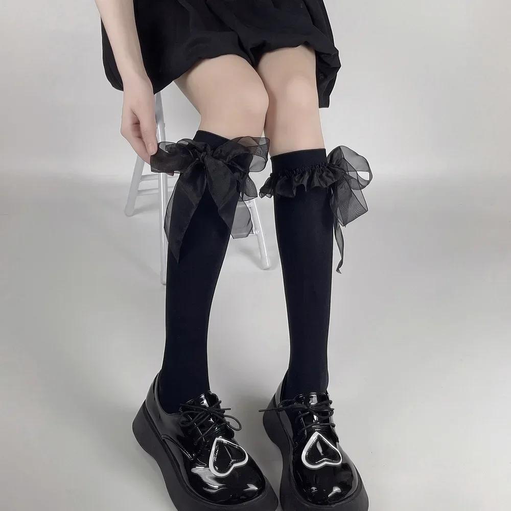 Damen Strümpfe JK Japanischer Stil Kawaii Niedlich Schwarz Lange Socken Strümpfe Süße Mädchen Spitze Schleife Rüschen Knie Socken Strümpfe