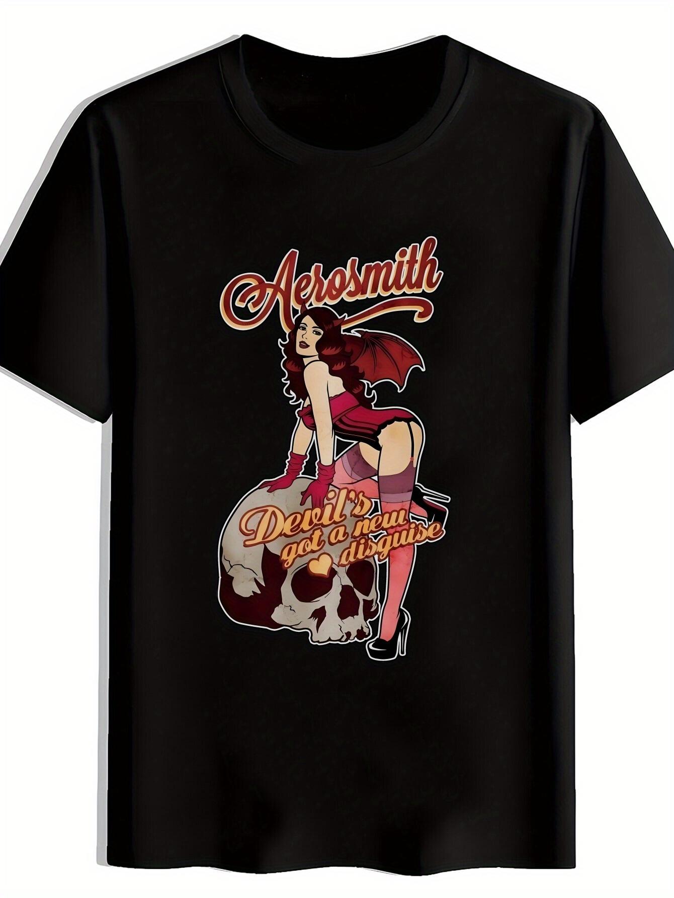 Black Aerosmith Devil s Got a Hold On Me Retro Rock Band Graphic T-shirt - Vintage Skull Design Short Sleeve Round Neck Summer Tee for Concerts XL