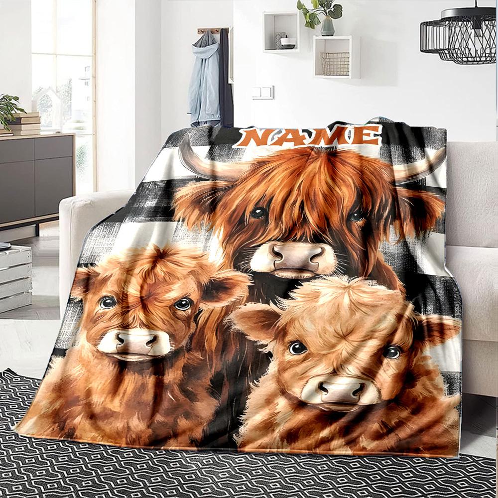 Highland Cow Family With Placeholder On Checkered Background Multipurpose Customizable Blanket Customize Your Name Durable Comfort Suitable For Sofa