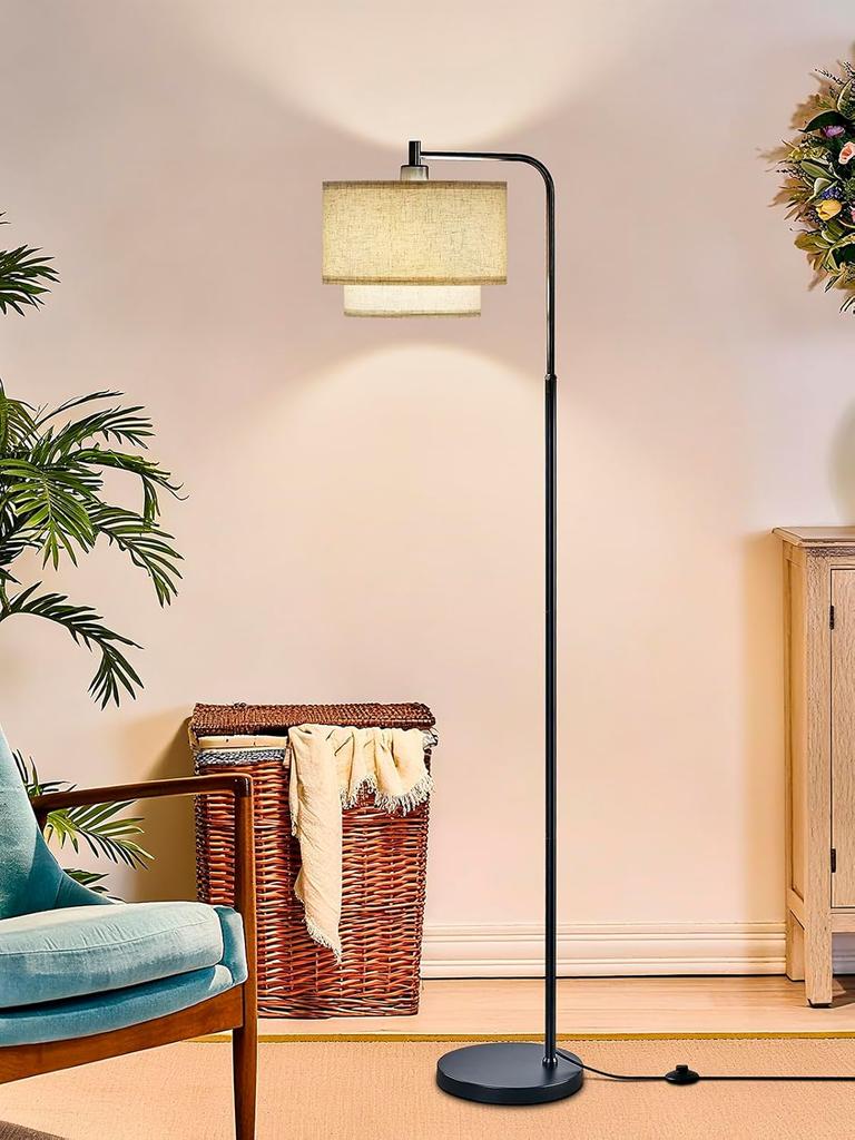 64' Modern Floor Lamp, 3-Temperature Arc Standing Lamp with Oatmeal Linen Shade & Foot Switch, Black