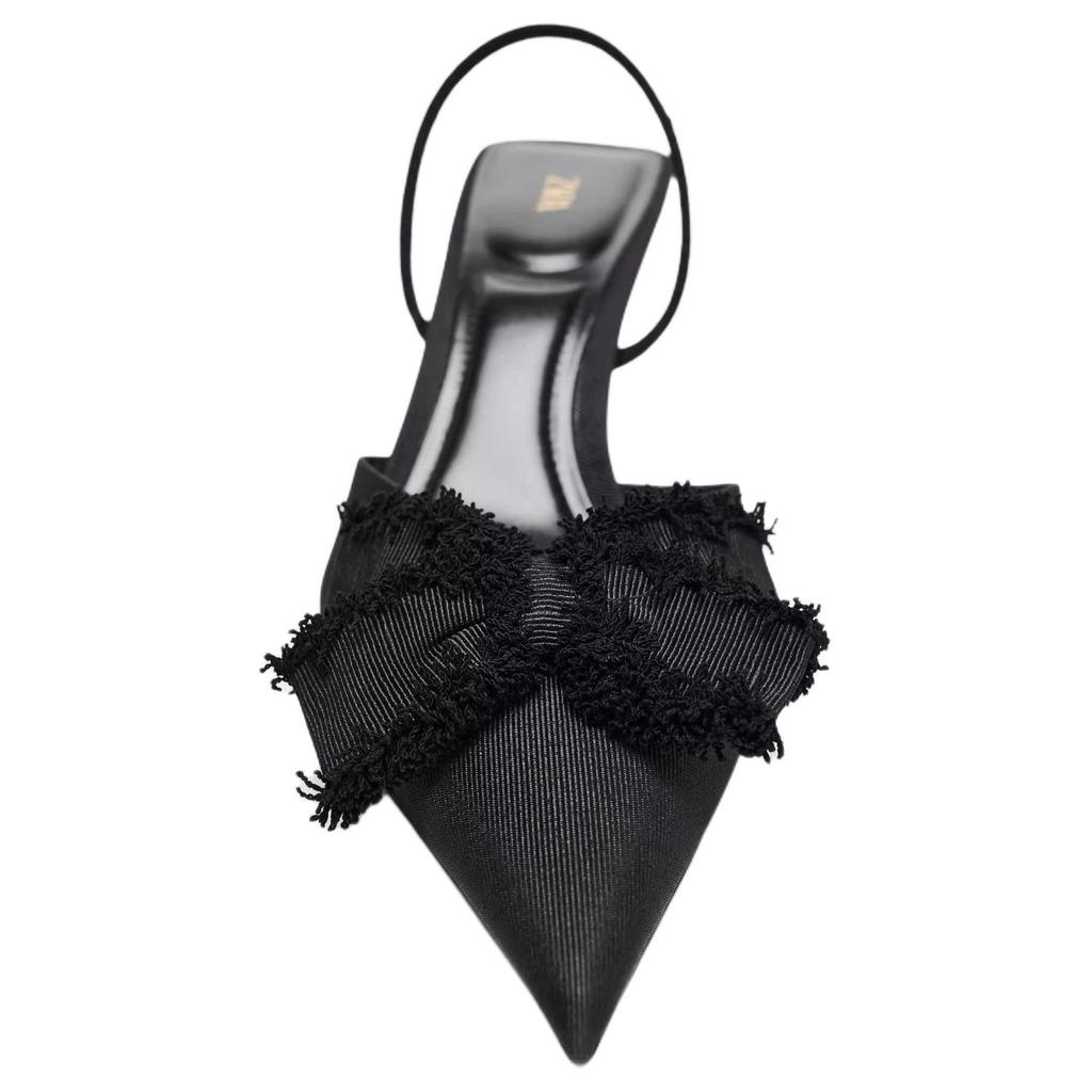 Zara Vintage Elegant Bow Decor Open Back Mule Heels 7Cm Women heels Black 12226510800-38