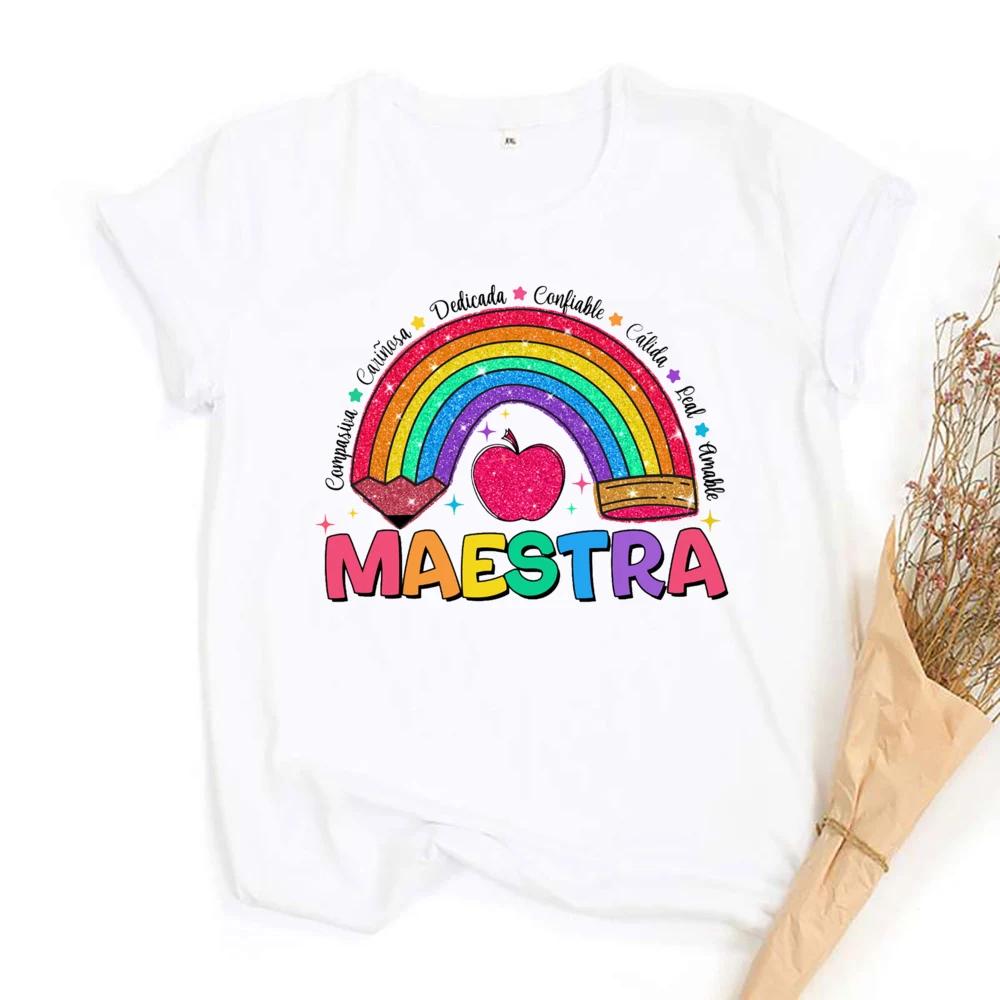 

Spanish Teacher Rainbow Printed Shirt Teach Love Inspire Tshirt Teacher Lift Short Sleeve Tee Back To School Gift for Teachers S
