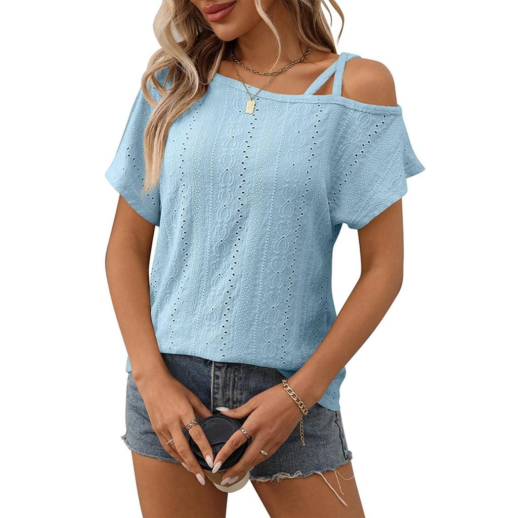 Women's Fashion Solid Color Single Shoulder Short Sleeve Hollow Head T-shirt Top