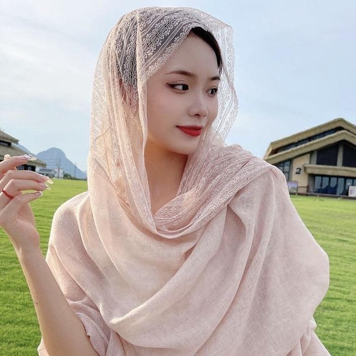 Korean Style Patchwork Lace Scarf - Women's Spring & Autumn Cotton Linen Shawl