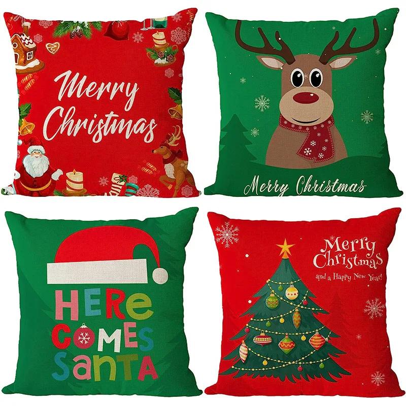 Merry Christmas Decor Cushion Cover 45x45 cm Pillow CaseCartoon Reindeer Santa Claus Printed Throw Pillowcase Linen Pillow Cover