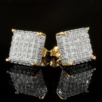 Trendy Golden Color / Silver Color Bling Out Iced AAA Three Zirconia Micropave Square Hip Hop Stud Earrings