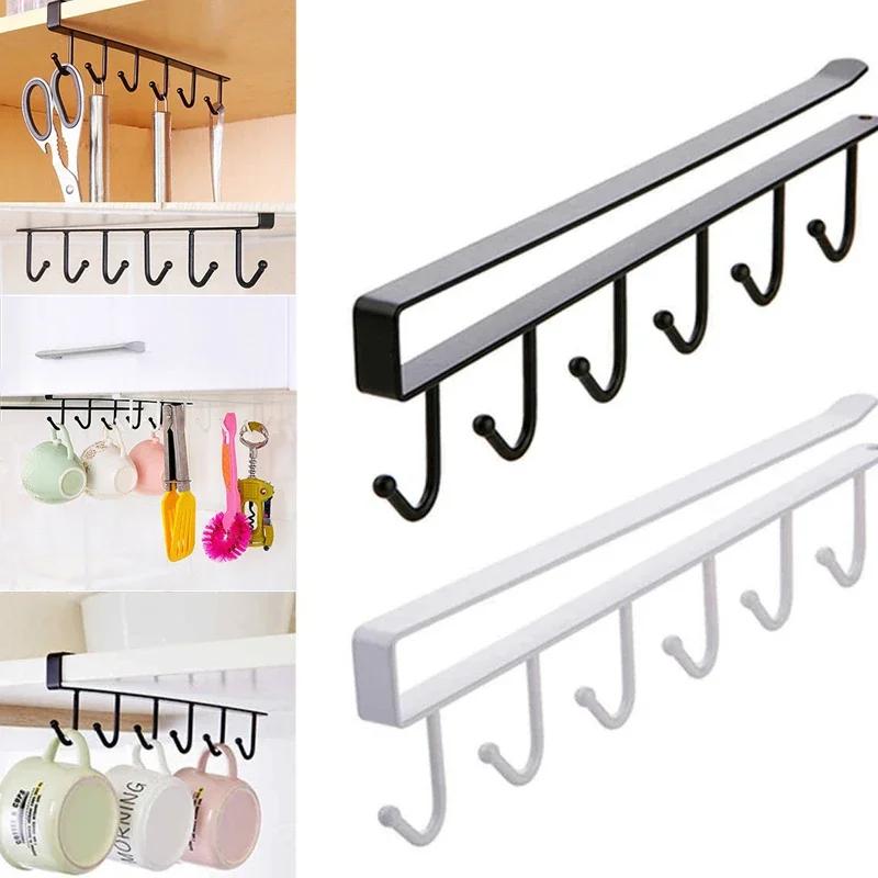 6 Hooks Cup Holder Hang Kitchen Cabinet Under Shelf Storage Rack Organiser Hook Iron Kitchen Storage Rack Bathroom Organizer