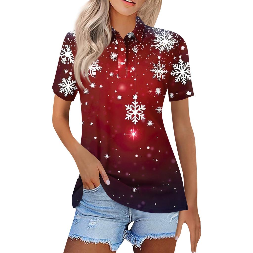 Women's Fashion Casual Lapel Short Sleeve Christmas Print Shirt Women's Button Up Tops