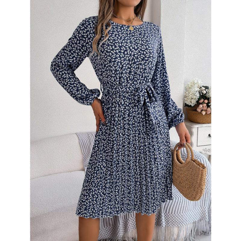 Women's Fashion Spring Fall Flower Pattern Print Long Sleeve O-Neck High Waist Casual Dresses